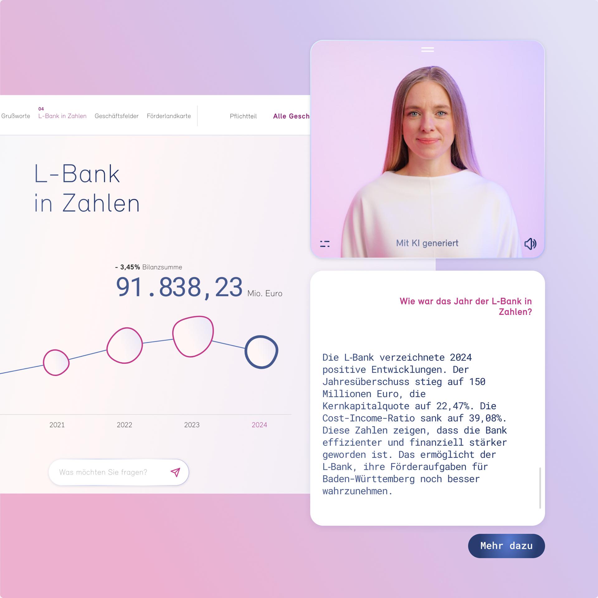 LEA AI avatar explaining L-Bank housing support data beside an annual report chart