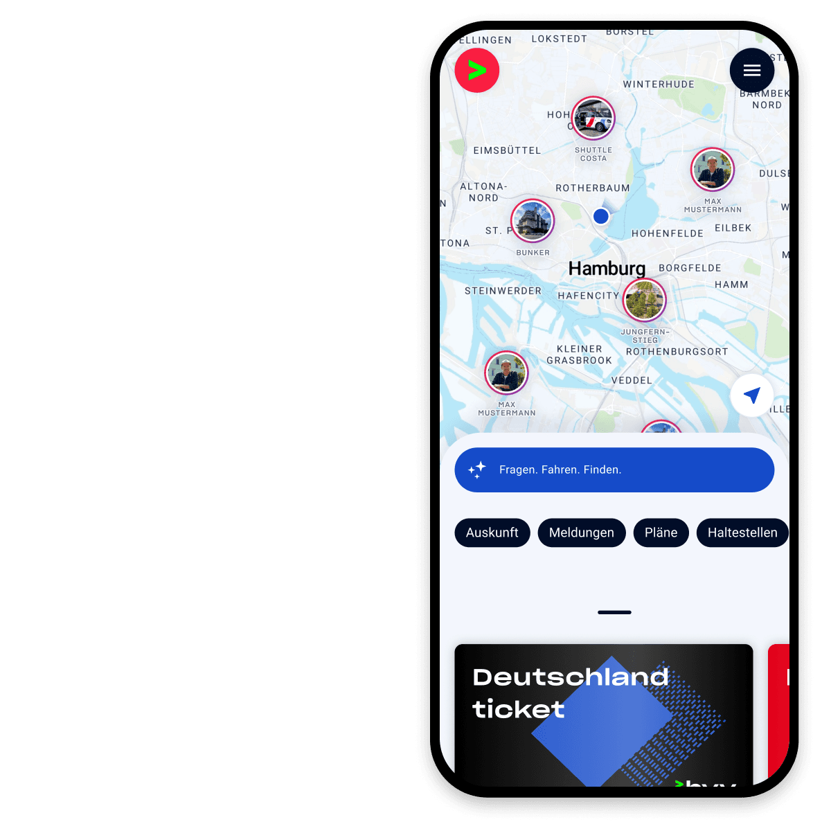 Smartphone screen showing a map of Hamburg with various locations marked. Includes navigation options and a "Deutschland ticket" advertisement.