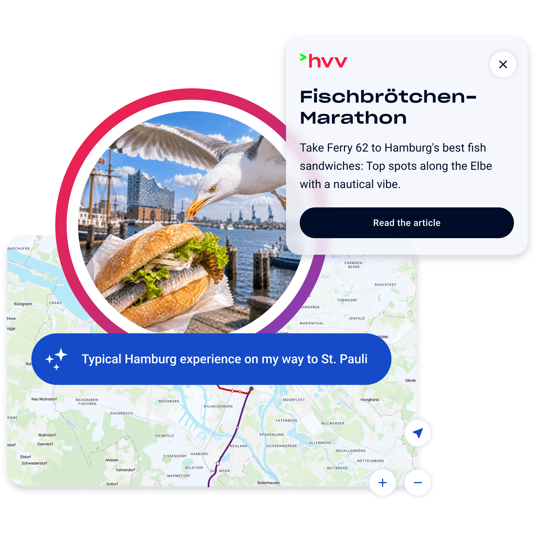 HVV. Seagull on a sandwich with a map and text about Hamburg's fish sandwich spots along the Elbe, featuring a nautical theme.