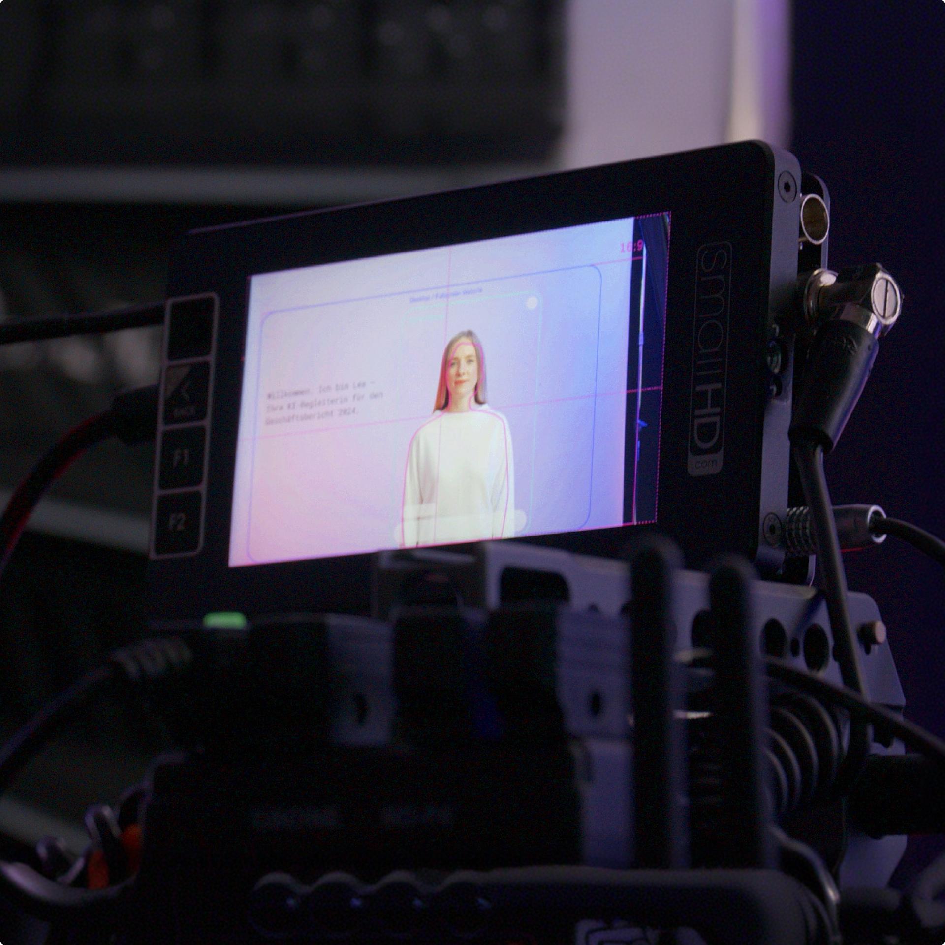 Camera monitor showing the L-Bank Human Avatar during filming