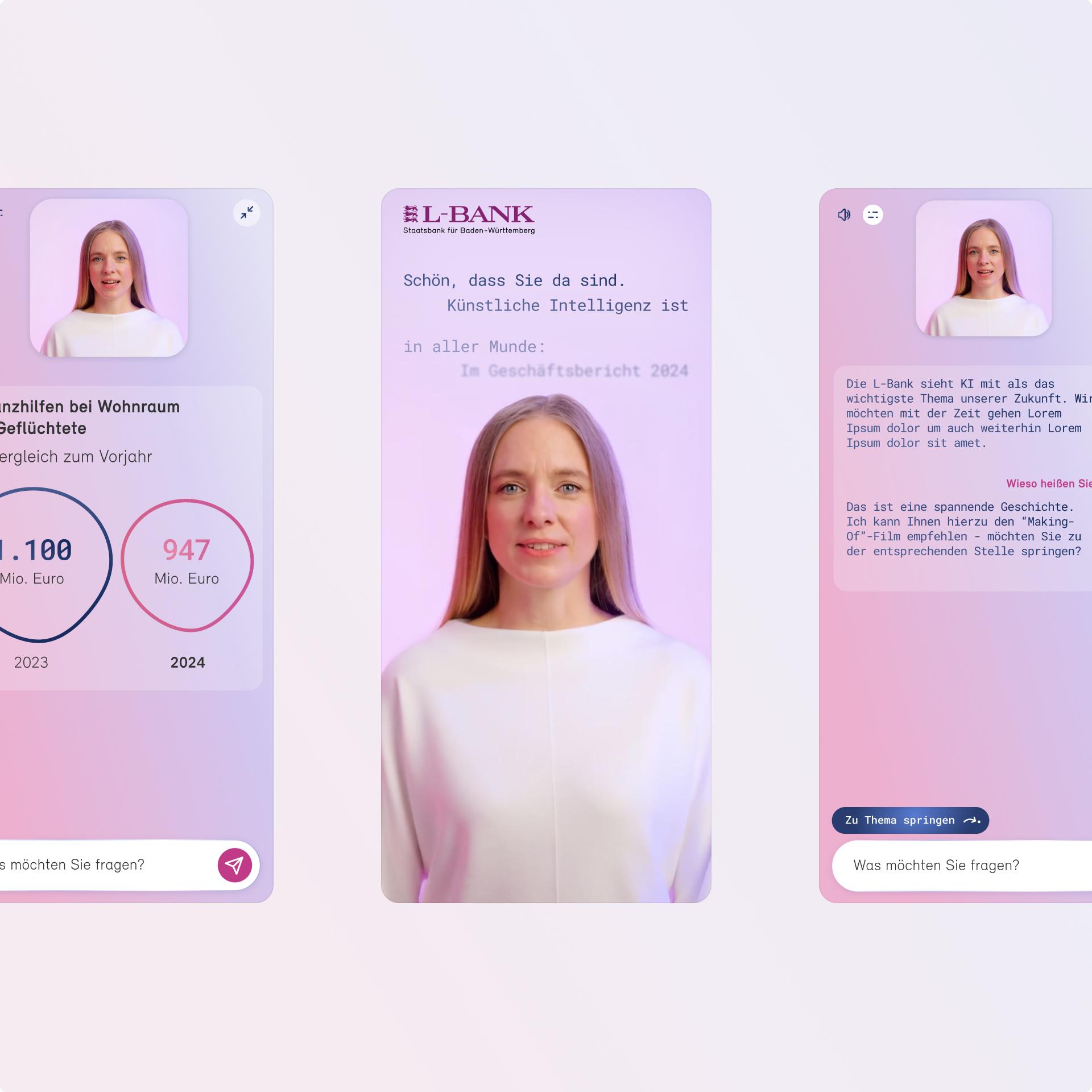 LEA, the L-Bank AI avatar, shown between an annual report chart and a conversational answer
