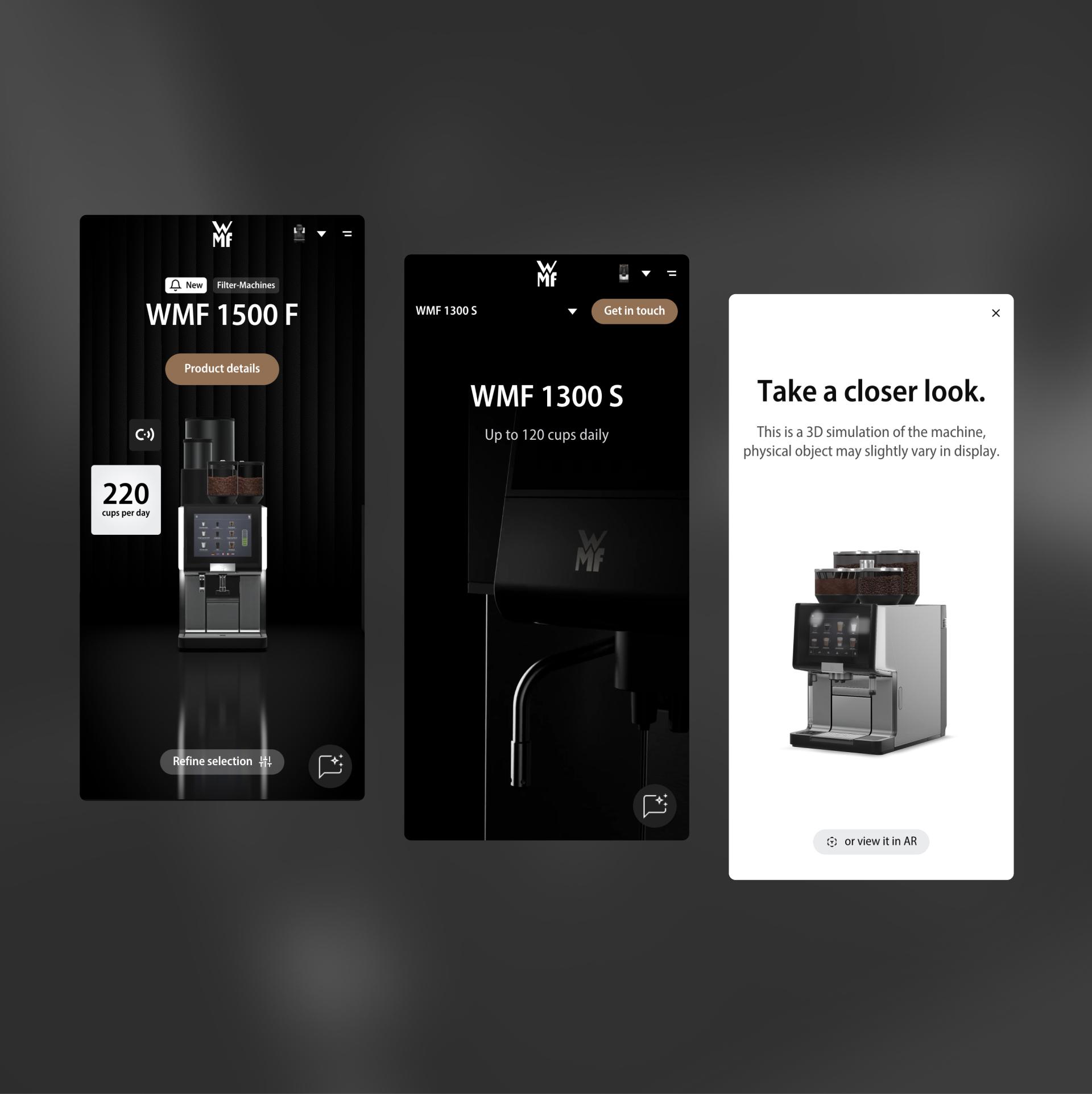 Mobile product interfaces for WMF Professional coffee machines with product details and close-up views
