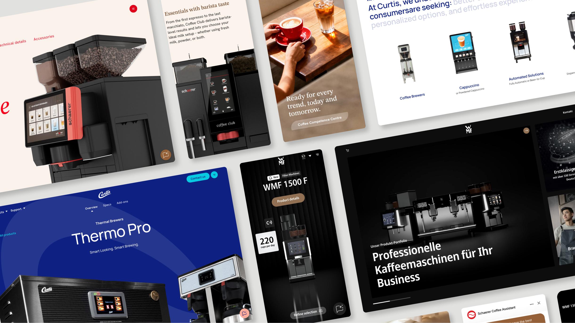 Collage of digital commerce experiences and product websites for WMF Professional, Schaerer, Wilbur Curtis and SEB Professional Beverages