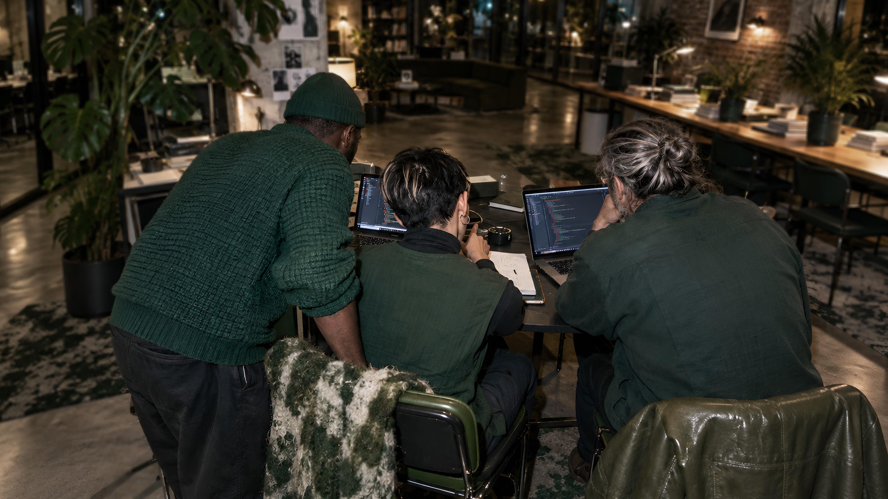 Three people collaborating on laptops in a shared workspace